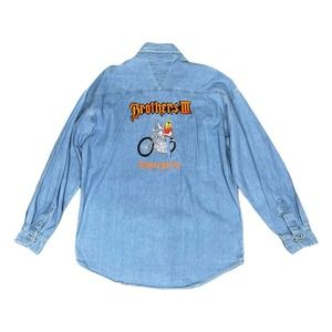 Vintage Light Blue Denim Button-Down Shirt with Embroidered Motorcycle Graphic